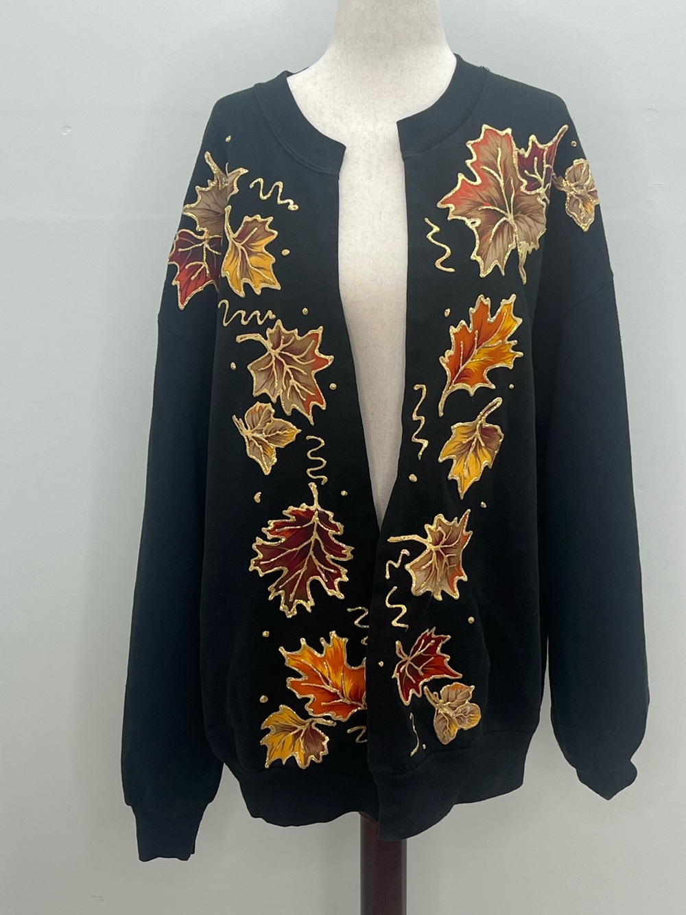Vintage Jerzees Black Hand Painted Fall Leaves Autumn Sweatshirt Cardigan 2XL